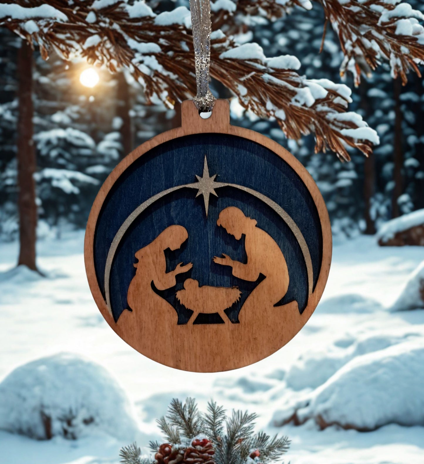 The beautiful and meaningful nativity scene ornament depicts the true meaning of Christmas. A beautifully crafted wooden ornament made up of 2 layers of basswood with the Star of Bethlehem painted in a metallic silver paint. Place this ornament on your Christmas tree for an extra special touch of Christmas spirit. The ornament comes complete with a ribbon hanger.