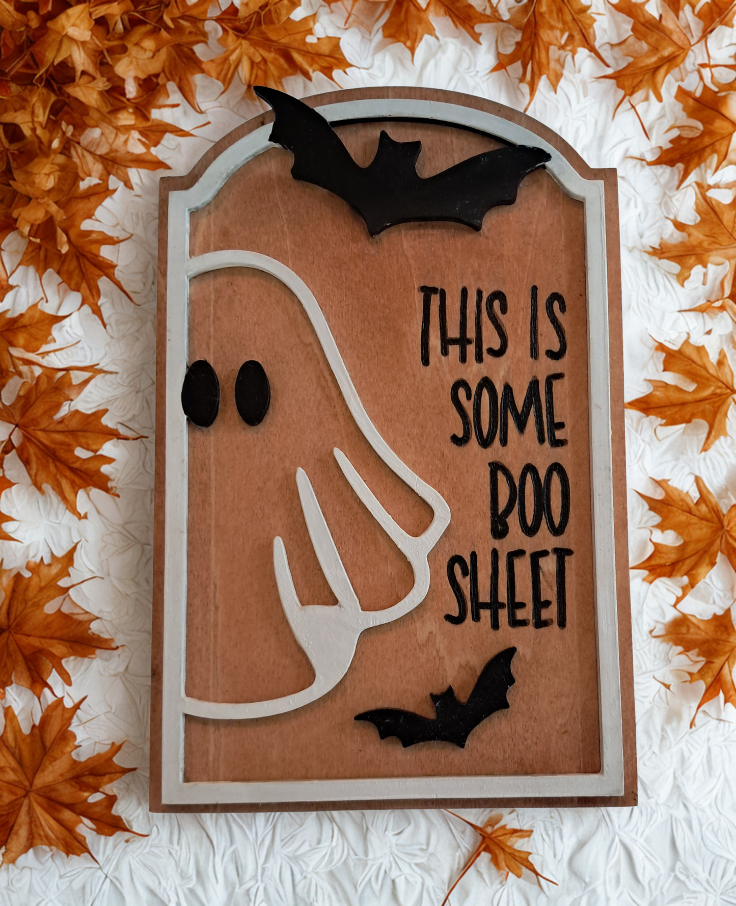 Enjoy this insert of "This is Some Boo Sheet" insert only —an adorable way to bring some whimsical Halloween decor to your home. This insert fits into the interchangeable frame that can be purchased with an insert. The insert measures 5 x 7 inches.
Please note: No frame comes with this purchase. Please allow 5 -7 days for processing time as this item will be made to order. Thank you.