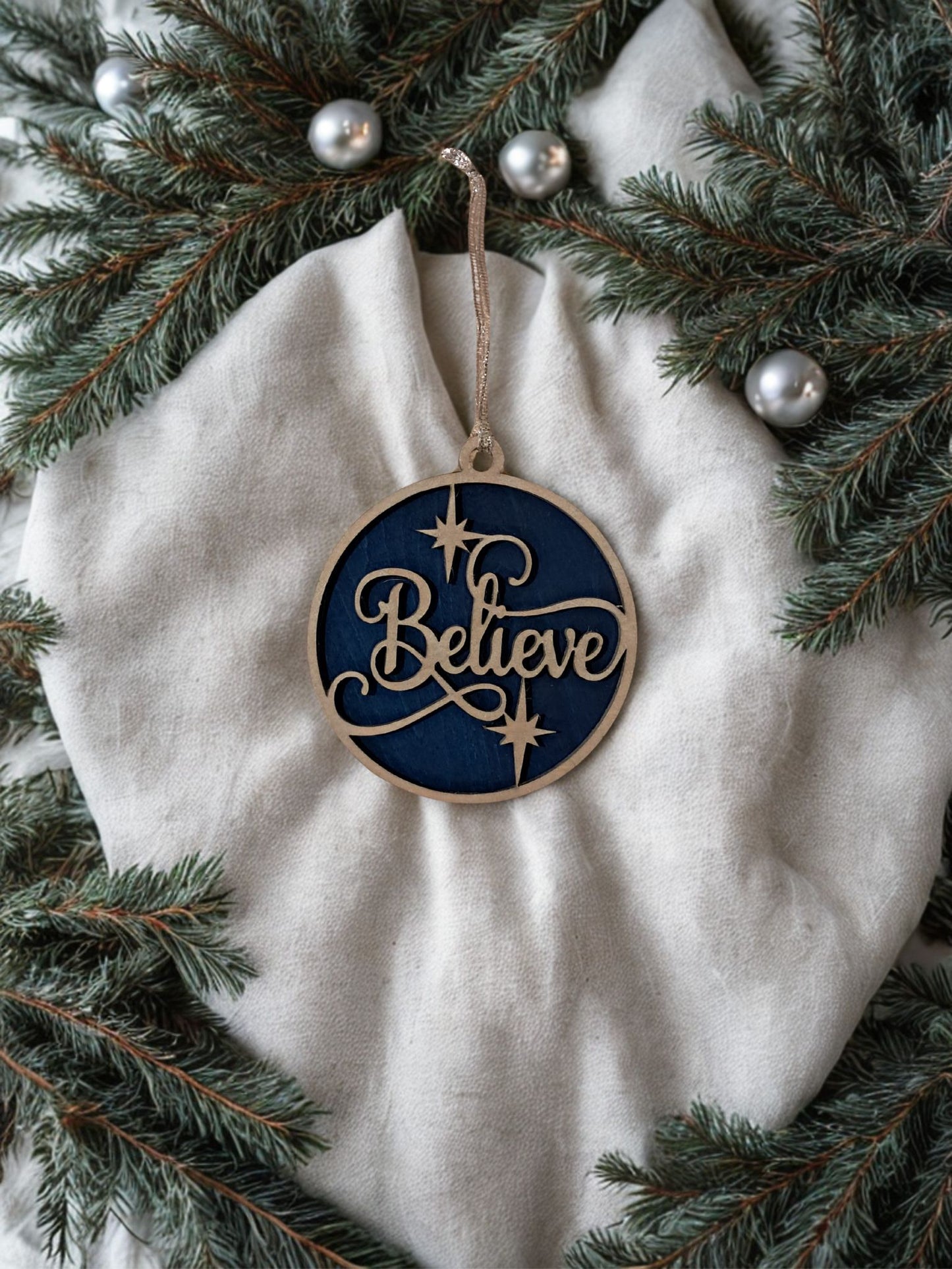 Believe Ornament - Blue & Silver
