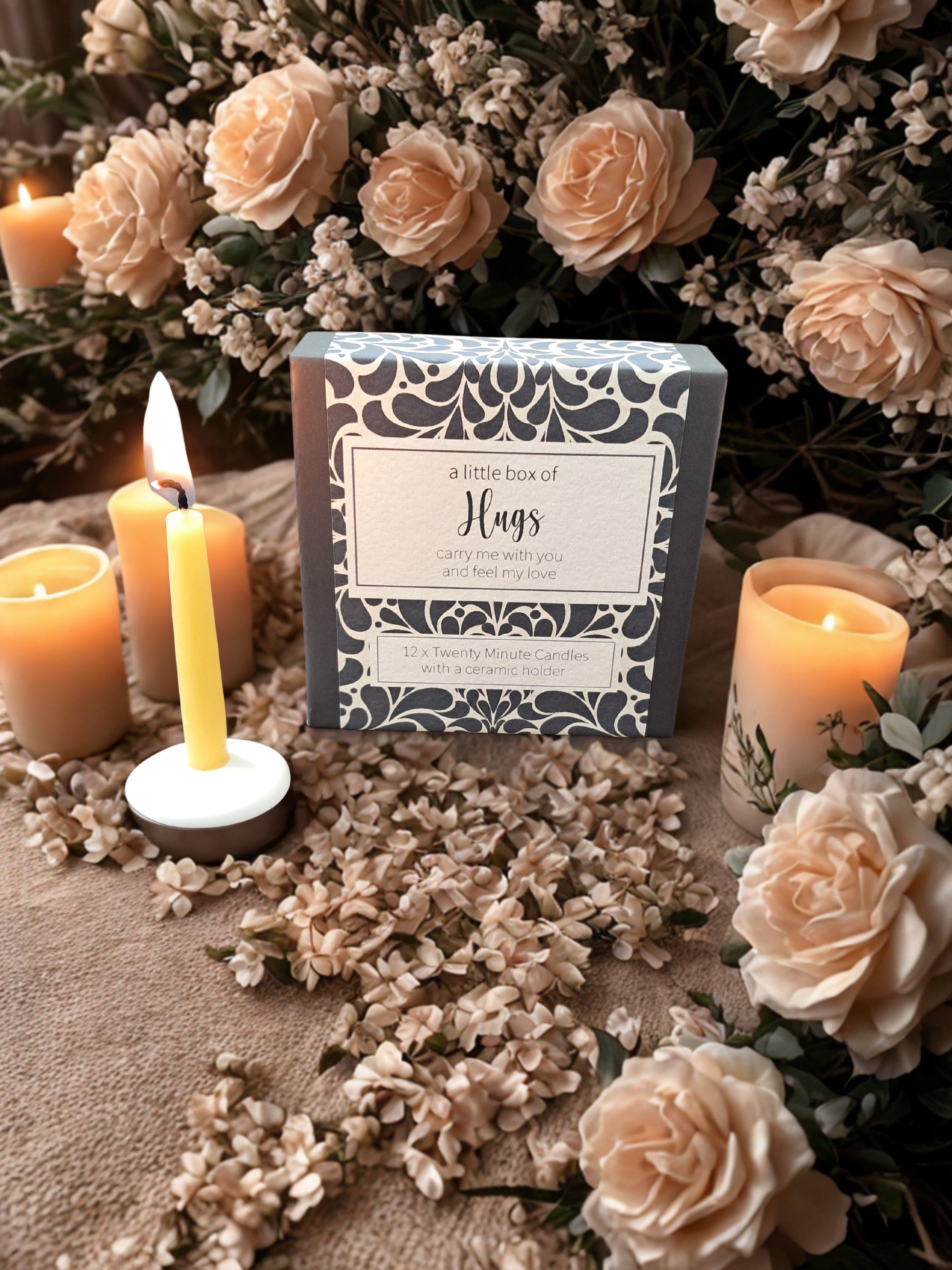 This is a thoughtful gift to show someone you care and are thinking of them. The Gift of Time... "You" time to be specific... what could be better? A wonderful gift for a special person to say, "I'm sending you some hugs & comfort". A box of 12 candles complete with small ceramic holder. Grab a cup of coffee or tea, find a quiet place, perhaps turn on some of your favorite music, or just concentrate on your breathing, close your eyes and take this time to rest, relax and recharge. Candles have an approximat