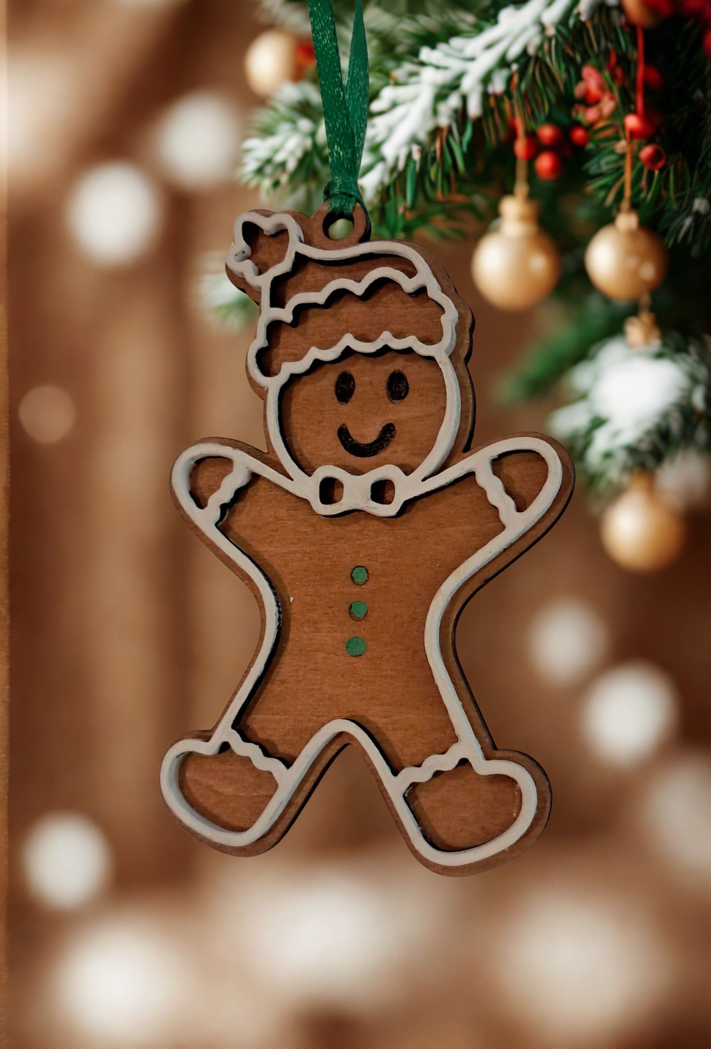 Let me introduce you to Georgie the Gingerbread Boy! This little guy is happy, joyful, and adorned with green dots for buttons. Just between you and me, he would look adorable hung on your Christmas tree! Georgie comes complete with a green ribbon hanger. Ornament measures approx. 4 inches high by 2.50 inches wide. 