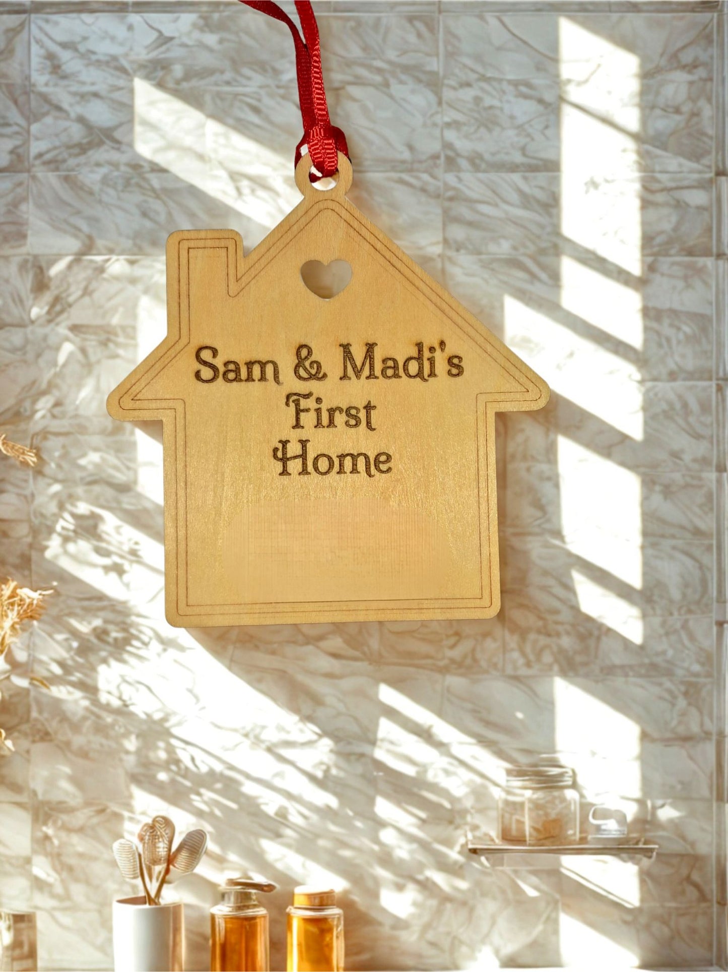 Celebrate milestone moments with our New Home Ornament. Made of high-quality basswood to commemorate a special occasion of owning a new home. This ornament can be customized with names, dates, addresses or sayings the choice is yours. Perfect gift for new home owners. Price may vary depending on size of ornament and amount of text added. Please allow 5-7 days prior to shipping. 4.25 inches high