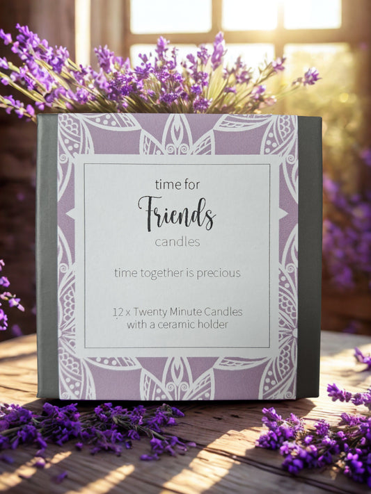 A beautiful gift for a special friend, because we all know time spent with friends is precious. The Gift of Time... "You" time to be specific... what could be better? A box of 12 candles complete with small ceramic holder. Grab a cup of coffee or tea, find a quiet place, perhaps turn on some of your favorite music, or just concentrate on your breathing, close your eyes and take this time to rest, relax and recharge. Candles have an approximate 20 minute burn time. The gift box measures 3.125 inches by 3.125